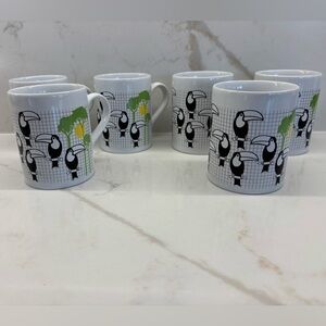 Rare Set 6 Kiln Craft England Black Lime Yellow Toucan Pattern White Mugs Set